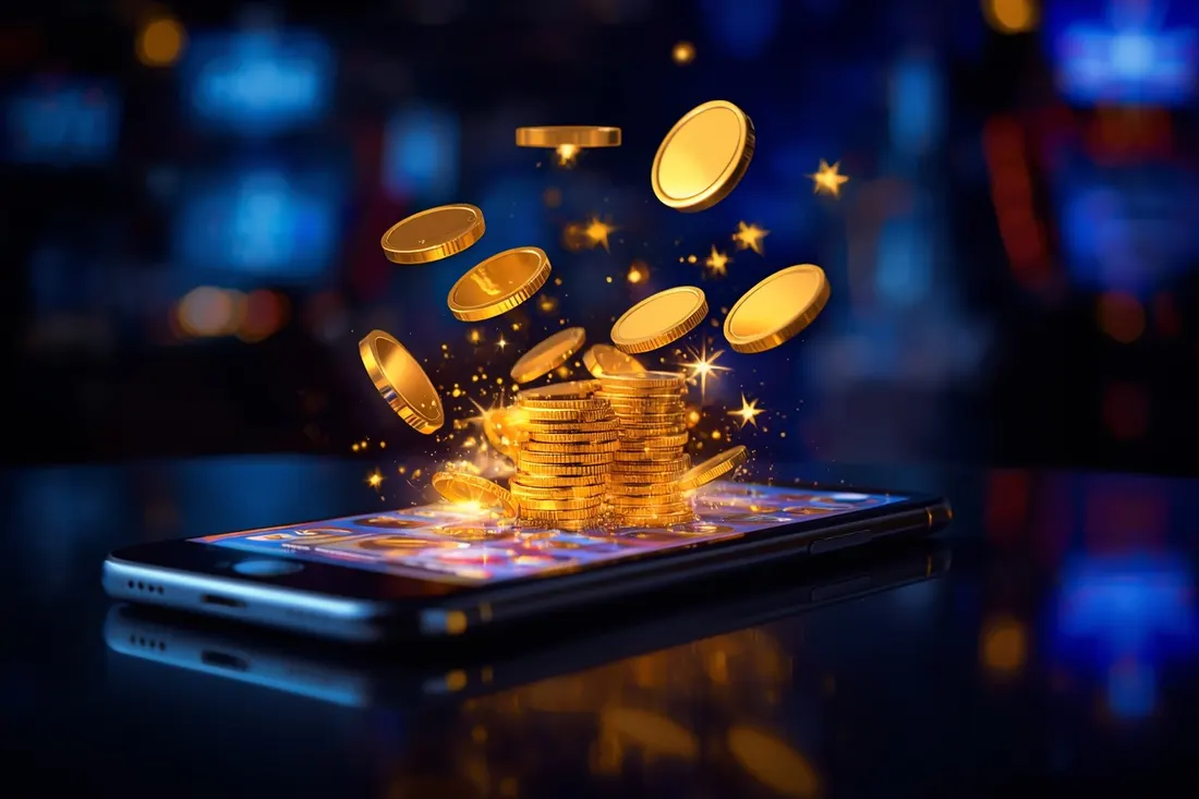 Złote monety wylatują z telefonu z grą slot