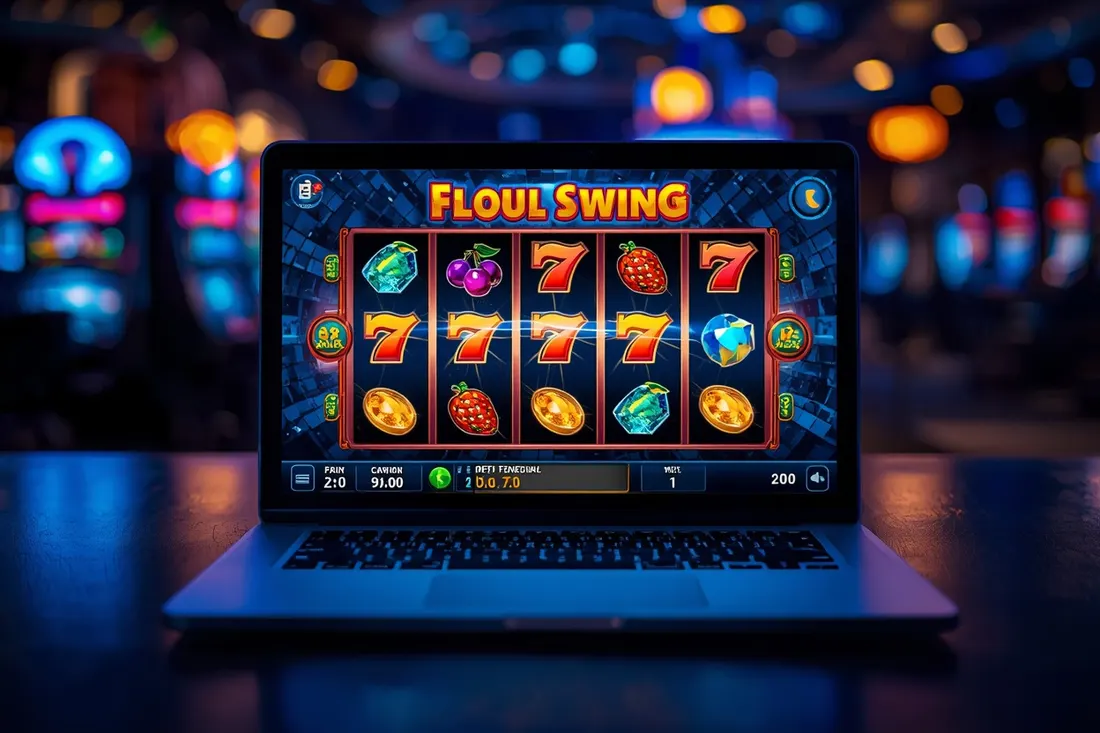 Laptop z grą slot online w trakcie spinu