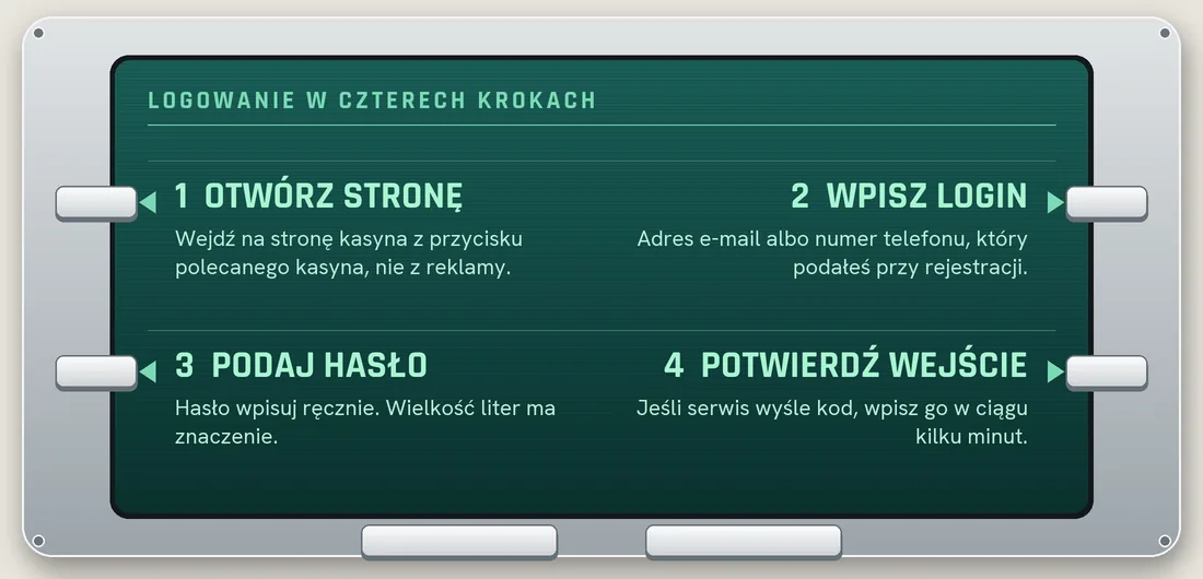 Schemat czterech kroków logowania na ekranie bankomatu: otwarcie strony, login, hasło i potwierdzenie wejścia