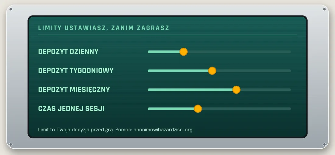 Cztery suwaki limitów ustawianych przed grą: depozyt dzienny, tygodniowy, miesięczny i czas jednej sesji