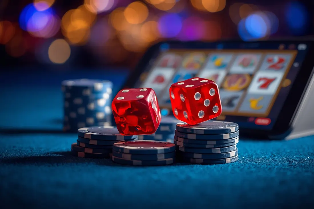 Czerwone kości na żetonach przed grą slot Czerwone kości na żetonach przed grą slot