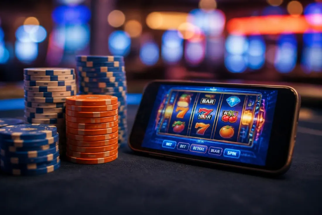 Żetony kasynowe obok telefonu z grą slot